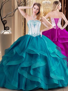 Sophisticated Teal Lace Up Strapless Embroidery Quinceanera Dresses Tulle Sleeveless