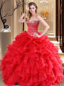 Delicate Red Sleeveless Floor Length Beading and Ruffles Lace Up Sweet 16 Dresses