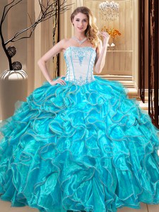 Super Teal Lace Up Strapless Embroidery and Ruffles Quince Ball Gowns Organza Sleeveless