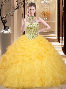 Halter Top Sleeveless Beading and Ruffles and Pick Ups Lace Up Quinceanera Dresses