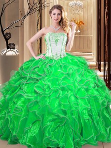 Custom Designed Green Sleeveless Embroidery and Ruffles Floor Length 15th Birthday Dress