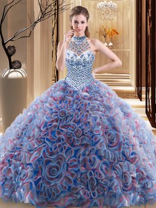 Discount Halter Top Sleeveless Brush Train Beading Lace Up Quinceanera Dresses