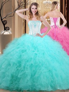 Enchanting Strapless Sleeveless Tulle Ball Gown Prom Dress Embroidery Lace Up