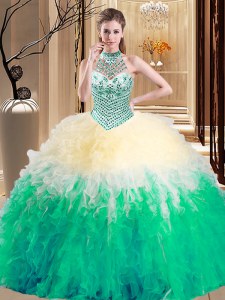 Halter Top Multi-color Lace Up 15th Birthday Dress Beading and Ruffles Sleeveless Floor Length