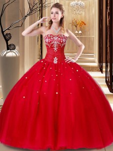 Colorful Sleeveless Floor Length Beading and Embroidery Lace Up 15th Birthday Dress with Red