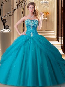 Traditional Tulle Sweetheart Sleeveless Lace Up Embroidery Quinceanera Gowns in Teal