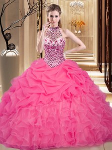 Exceptional Hot Pink Halter Top Neckline Beading and Ruffles and Pick Ups Sweet 16 Quinceanera Dress Sleeveless Lace Up