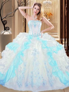 Ruffled Strapless Sleeveless Lace Up Quinceanera Gowns Blue And White Organza
