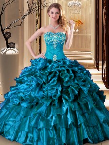 Exceptional Embroidery and Ruffles Quince Ball Gowns Teal Lace Up Sleeveless Floor Length