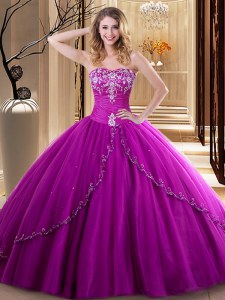 Clearance Fuchsia Sleeveless Floor Length Embroidery Lace Up Quince Ball Gowns