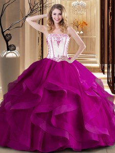 New Arrival Strapless Sleeveless Tulle Sweet 16 Dress Embroidery Lace Up