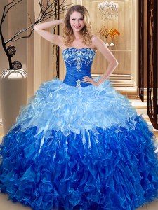 Floor Length Lace Up Sweet 16 Dresses Multi-color and Blue And White for Military Ball and Sweet 16 and Quinceanera with Embroidery and Ruffles