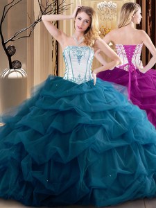Sleeveless Tulle Floor Length Lace Up Quinceanera Gowns in Teal with Embroidery and Ruffled Layers