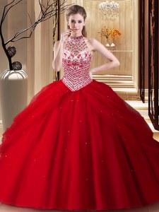 Halter Top With Train Lace Up 15th Birthday Dress Red for Military Ball and Sweet 16 and Quinceanera with Beading and Pick Ups Brush Train