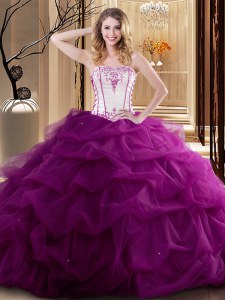 Strapless Sleeveless Sweet 16 Dresses Floor Length Embroidery and Ruffled Layers Fuchsia Tulle