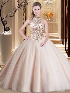 Admirable Halter Top Sleeveless Quinceanera Dresses With Brush Train Beading Peach Tulle