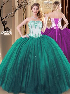 Tulle and Sequined Strapless Sleeveless Lace Up Embroidery Vestidos de Quinceanera in Green