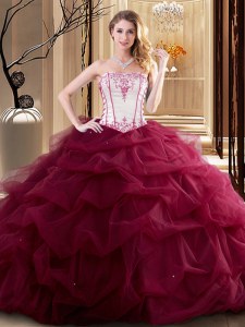 Modest Floor Length Wine Red Quince Ball Gowns Tulle Sleeveless Embroidery and Ruffled Layers