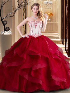 Wine Red Strapless Neckline Embroidery Vestidos de Quinceanera Sleeveless Lace Up