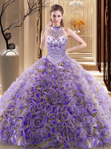 Halter Top Multi-color Ball Gowns Beading Sweet 16 Quinceanera Dress Lace Up Fabric With Rolling Flowers Sleeveless With Train