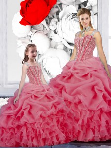 Rose Pink Ball Gowns Organza Straps Sleeveless Beading and Ruffles and Pick Ups Floor Length Lace Up 15th Birthday Dress