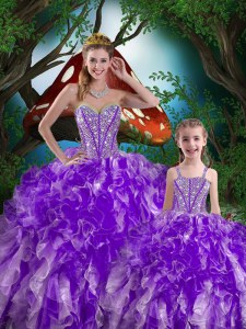 Sleeveless Organza Floor Length Lace Up Quinceanera Dresses in Eggplant Purple with Beading and Ruffles