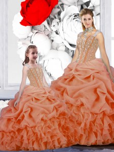 Straps Pick Ups Floor Length Ball Gowns Sleeveless Orange Sweet 16 Quinceanera Dress Lace Up