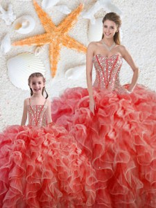 Dazzling Coral Red Ball Gowns Sweetheart Sleeveless Organza Floor Length Lace Up Beading and Ruffles Quinceanera Dress