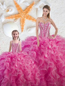 Comfortable Hot Pink Lace Up Quinceanera Dresses Beading and Ruffles Sleeveless Floor Length