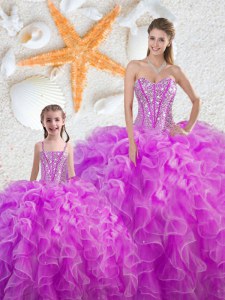 Flirting Fuchsia Lace Up Sweetheart Beading and Ruffles Quinceanera Gown Organza Sleeveless