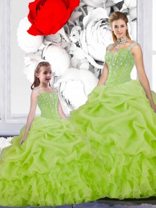 New Style Floor Length Yellow Green Quinceanera Dress Organza Sleeveless Beading and Ruffles and Pick Ups