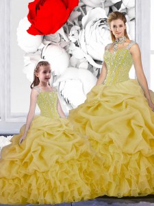 Yellow Quinceanera Gowns Military Ball and Sweet 16 and Quinceanera and For with Beading and Ruffles and Pick Ups Straps Sleeveless Lace Up