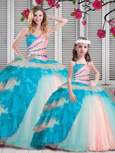 New Style Multi-color Ball Gowns Organza Sweetheart Sleeveless Beading and Ruching Floor Length Lace Up 15 Quinceanera Dress