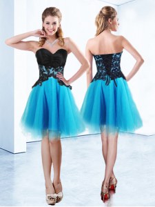 Fitting Sleeveless Organza Mini Length Lace Up Dress for Prom in Baby Blue with Appliques