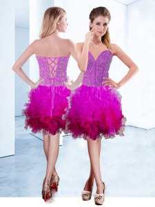 Eye-catching Fuchsia Lace Up Sweetheart Ruffles Dress for Prom Organza Sleeveless
