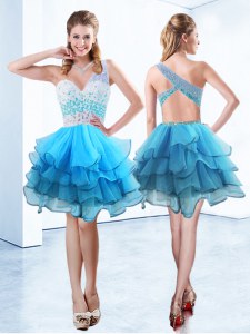 Suitable One Shoulder Sleeveless Prom Evening Gown Knee Length Beading and Ruffled Layers Aqua Blue Organza