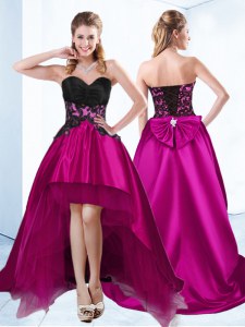 Flirting Fuchsia Sleeveless Appliques High Low Prom Party Dress