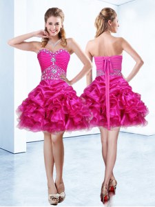 Beautiful Hot Pink Ball Gowns Beading and Ruffles and Pick Ups Prom Gown Lace Up Organza Sleeveless Mini Length