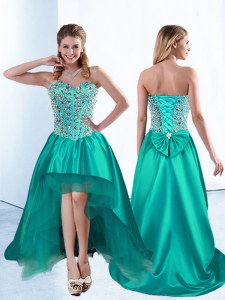 Beautiful Sleeveless Satin High Low Lace Up Prom Evening Gown in Teal with Beading and Bowknot