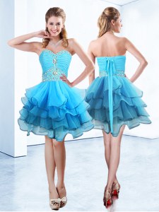 Beading and Ruffled Layers Homecoming Dress Blue Lace Up Sleeveless Mini Length