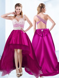 Designer Ball Gowns Prom Dresses Fuchsia Sweetheart Satin Sleeveless High Low Criss Cross