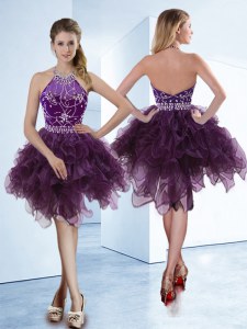 Fantastic Halter Top Dark Purple Sleeveless Beading Knee Length Prom Dresses
