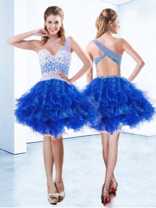 Sweet One Shoulder Royal Blue Sleeveless Organza Criss Cross Prom Gown for Prom and Party