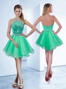 Halter Top Beading Prom Gown Turquoise Zipper Sleeveless Knee Length