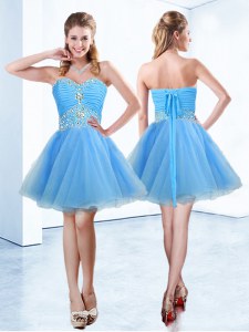 Delicate Blue Lace Up Sweetheart Beading and Ruching Prom Evening Gown Organza Sleeveless