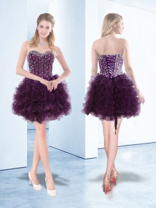 Floor Length Dark Purple Prom Dress Organza Sleeveless Beading and Ruffles