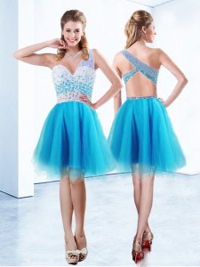 Glittering One Shoulder Baby Blue Sleeveless Knee Length Beading Criss Cross Prom Party Dress