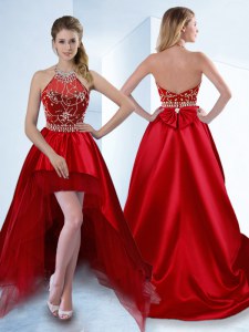 Great Red A-line Halter Top Sleeveless Satin High Low Zipper Beading Evening Dress