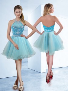 Hot Sale Halter Top Light Blue Sleeveless Organza Zipper Prom Gown for Prom and Party