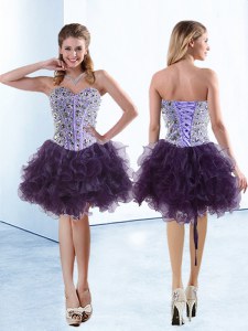 Flirting Purple Sweetheart Lace Up Beading and Ruffles Prom Evening Gown Sleeveless